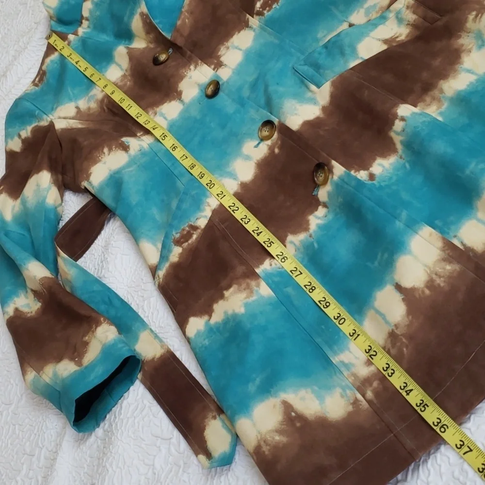 Anne Klein Womens Tie Dye Belted Aqua Blue Ivory Brown Big Collar Trench Coat, M